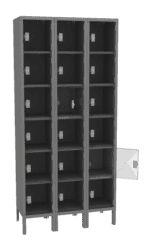 A set of three gray metal lockers stands side by side, each with multiple compartments. One compartment door on the side is open, showing the inside of the locker. The lockers are elevated on short legs.