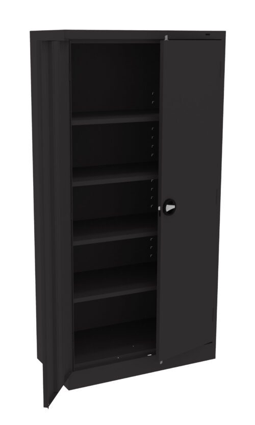 Black metal cabinet with one open door, revealing five empty shelves inside. The cabinet has a simple, modern design with a smooth finish and a rounded silver handle on the door. The interior shelves are evenly spaced.