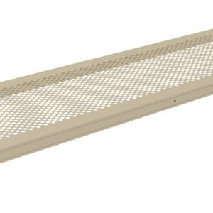 A rectangular beige metal grate with a perforated surface, featuring a grid of circular holes. It is supported by two brackets on each side for mounting or attachment purposes. The surface is flat and smooth.