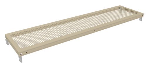 asla1q6gqjzei3xkar2z.jpg A rectangular beige metal grate with a perforated surface, featuring a grid of circular holes. It is supported by two brackets on each side for mounting or attachment purposes. The surface is flat and smooth.