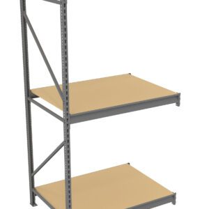 A three-tier industrial storage shelf with a metal frame and wooden shelves. The unit has a simple design with vertical and diagonal metal supports on one side. The shelves are empty and the background is plain white.