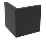 A 3D illustration of a black, angular object resembling an open book with thick pages, positioned vertically on a white background.