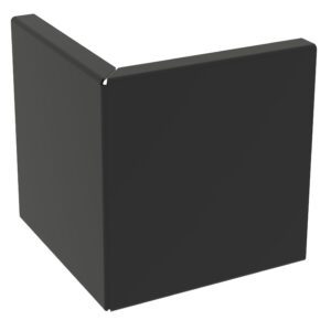 A 3D illustration of a black, angular object resembling an open book with thick pages, positioned vertically on a white background.