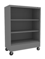 A gray, three-shelf metal storage cabinet on wheels, with an open front and an empty interior. It has adjustable shelves and is designed for easy mobility.