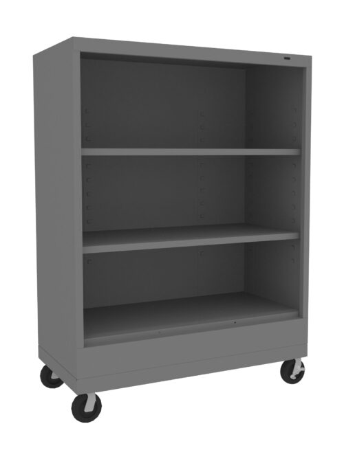 A gray, three-shelf metal storage cabinet on wheels, with an open front and an empty interior. It has adjustable shelves and is designed for easy mobility.