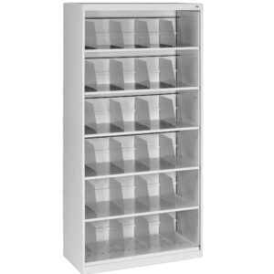 A tall, white shelving unit with six shelves, each featuring multiple adjustable, transparent dividers. The design suggests it is used for organizing or displaying items. The background is plain white.
