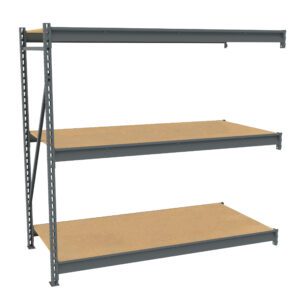 A metal shelving unit with three wooden shelves. The structure includes a vertical frame with perforated beams for adjustable shelf placement. The unit appears empty and is set against a plain white background.