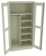 Open beige metal storage cabinet with two doors. The interior features a vertical partition; the left side has a hanging rod at the top, while the right side has five adjustable shelves. The doors have slots for visibility.