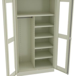 Open beige metal storage cabinet with two doors. The interior features a vertical partition; the left side has a hanging rod at the top, while the right side has five adjustable shelves. The doors have slots for visibility.