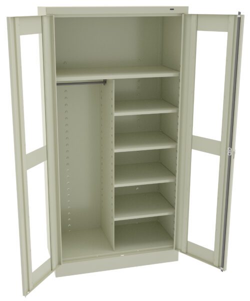 atqdllgshypmjvwsk75x.jpg Open beige metal storage cabinet with two doors. The interior features a vertical partition; the left side has a hanging rod at the top, while the right side has five adjustable shelves. The doors have slots for visibility.