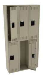 A beige metal locker with six compartments arranged in two rows of three. The locker on the bottom right is open, revealing an empty interior. Each compartment has a black handle and ventilation slots.