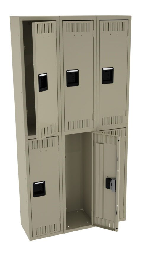 aty7hqcqkreldxcqreiw.jpg A beige metal locker with six compartments arranged in two rows of three. The locker on the bottom right is open, revealing an empty interior. Each compartment has a black handle and ventilation slots.