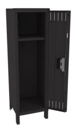 A tall, black metal storage locker with a partially open door revealing two internal shelves. The locker has a vented design on the door and stands on short legs. A lock mechanism is visible on the door.