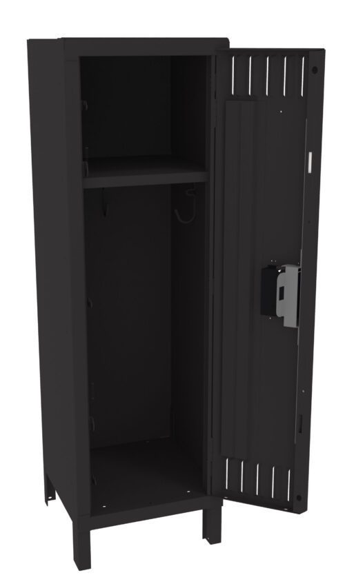 A tall, black metal storage locker with a partially open door revealing two internal shelves. The locker has a vented design on the door and stands on short legs. A lock mechanism is visible on the door.