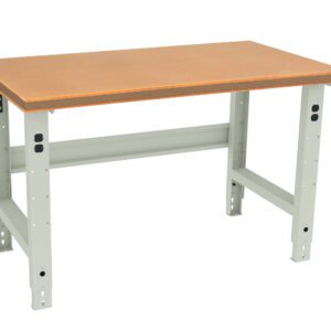 A sturdy, rectangular workbench with a wooden top and metal legs. The frame is light gray, featuring adjustable legs with holes for height modifications. The workbench appears suitable for industrial or workshop use.