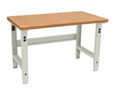 A sturdy, rectangular workbench with a wooden top and metal legs. The frame is light gray, featuring adjustable legs with holes for height modifications. The workbench appears suitable for industrial or workshop use.