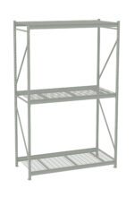 A large, gray, metal storage shelf with three wide levels and sturdy support bars on the sides and back. The shelving levels appear to be made of a mesh-like material. The shelf is empty and stands alone on a white background.