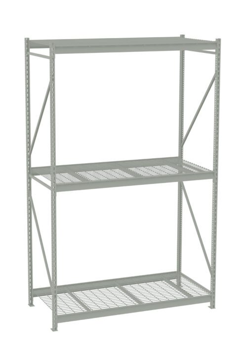 A large, gray, metal storage shelf with three wide levels and sturdy support bars on the sides and back. The shelving levels appear to be made of a mesh-like material. The shelf is empty and stands alone on a white background.