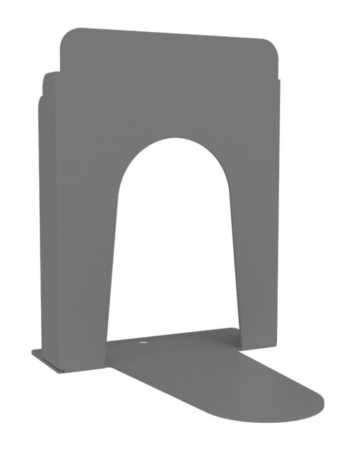 auvwbqrezqhlbnh6heuq.jpg Gray powder-coated metal bookend with a minimalist design. It features a circular cutout and a simple flat base for support. The surface has a textured finish.