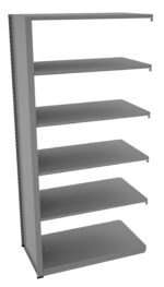 A gray, five-tier metal shelf unit with a modern, industrial design, featuring open rectangular shelves and a vertical support on one side.