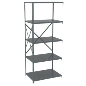 A tall, empty metal shelving unit with five shelves and cross-bracing for stability. The frame is gray, and the shelves are evenly spaced. The shelving is isolated on a plain white background.