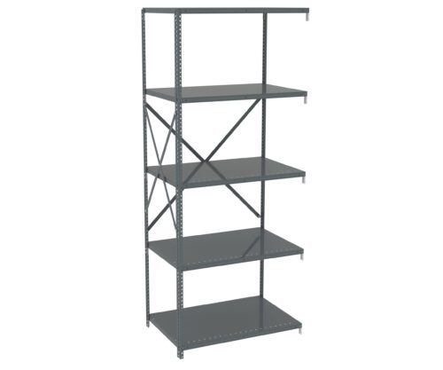 avdescoh5zbzfakwex5z.jpg A tall, empty metal shelving unit with five shelves and cross-bracing for stability. The frame is gray, and the shelves are evenly spaced. The shelving is isolated on a plain white background.