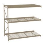 Metal storage shelf unit with three grid-pattern wire shelves and one solid top shelf. The structure is open-sided and features vertical supports with adjustable height options. The shelf is empty and set against a plain white background.