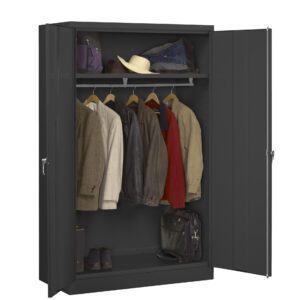 An open black metal wardrobe displaying hanging jackets in various colors, a white cowboy hat on the top shelf, and a green bag along with shoes on the bottom shelf. The wardrobe has two doors, one partially open.