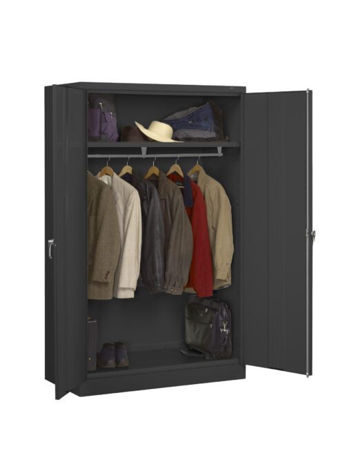 avuk71fpngvfnvtj6bah.jpg An open black metal wardrobe displaying hanging jackets in various colors, a white cowboy hat on the top shelf, and a green bag along with shoes on the bottom shelf. The wardrobe has two doors, one partially open.