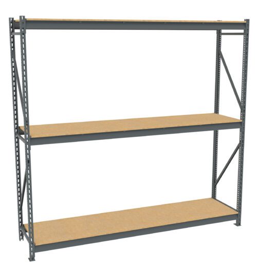 avyu8pannkwfeb64n45u.jpg A large, three-tiered metal storage shelf with wooden boards placed on each level. The frame is gray, with a simple, industrial design, ideal for garage or warehouse storage. The shelf is empty and stands against a white background.