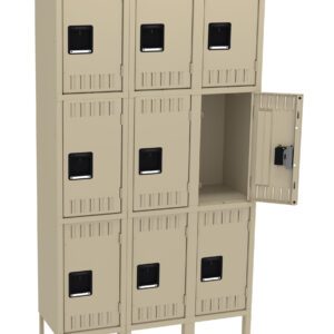 A beige metal locker unit with three rows and three columns, totaling nine compartments. The locker on the middle right is open, revealing an empty interior. Each locker door features a black handle and ventilation slits.