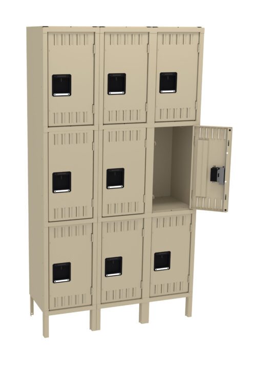 A beige metal locker unit with three rows and three columns, totaling nine compartments. The locker on the middle right is open, revealing an empty interior. Each locker door features a black handle and ventilation slits.