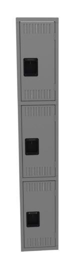 A vertical stack of three gray metal lockers with vented doors and black handles, set against a white background.