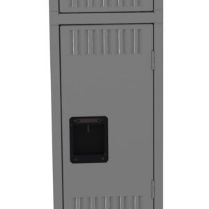 A vertical stack of three gray metal lockers with vented doors and black handles, set against a white background.