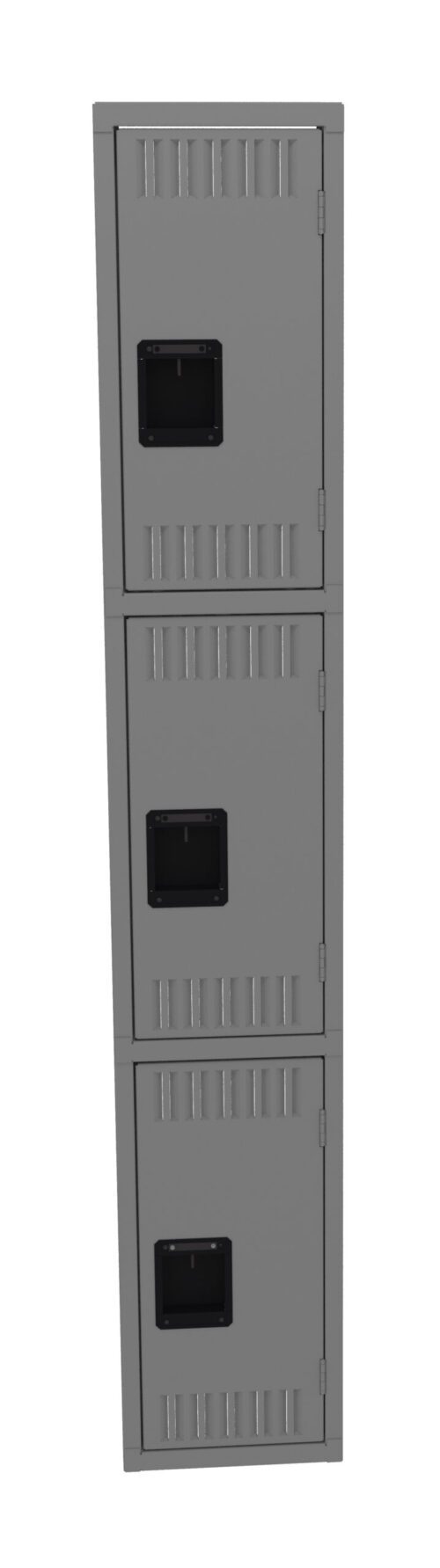 aw9cbgwnmmeshaze2dgn.jpg A vertical stack of three gray metal lockers with vented doors and black handles, set against a white background.
