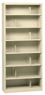 A tall beige metal bookshelf with six adjustable shelves and bookends on each shelf. The shelves are currently empty, and the bookends are evenly spaced. The bookshelf stands against a plain white background.
