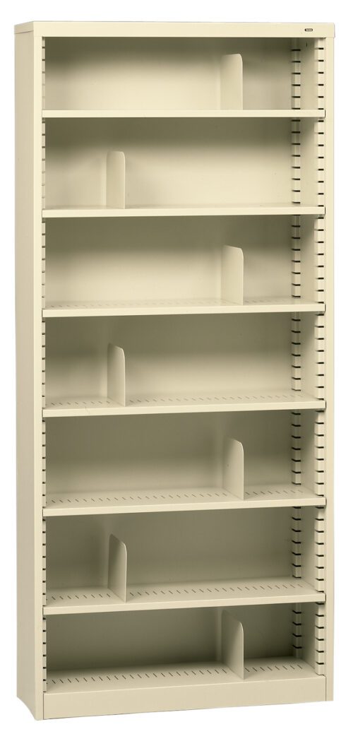 A tall beige metal bookshelf with six adjustable shelves and bookends on each shelf. The shelves are currently empty, and the bookends are evenly spaced. The bookshelf stands against a plain white background.