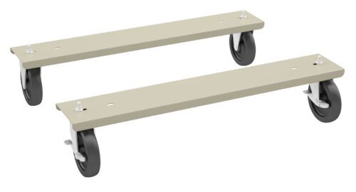 awrlyerf6lijgm4xjabn.jpg Two beige rectangular metal platforms with black caster wheels. Each platform has two wheels attached at the ends, featuring metal brackets. The platforms are positioned parallel to each other on a plain white background.
