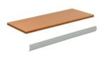 A wooden shelf plank and a separate metal bracket isolated on a white background. The wooden plank is rectangular and brown, while the metal bracket is long, thin, and gray, appearing intended for supporting the shelf.