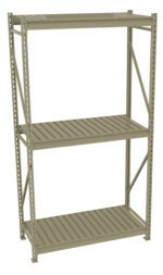 A tall, sturdy metal shelving unit with three slatted shelves, evenly spaced. The frame is made of angular metal supports, with a simple and functional design suitable for storage in industrial or garage settings.