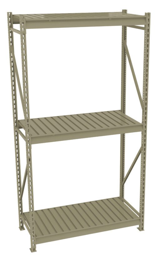 A tall, sturdy metal shelving unit with three slatted shelves, evenly spaced. The frame is made of angular metal supports, with a simple and functional design suitable for storage in industrial or garage settings.