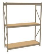 A metal storage shelf unit with two wooden shelves, set against a white background. The framework is gray, featuring vertical supports and cross-bracing for stability. The simple, industrial design is suitable for organizing items in a garage or workshop.