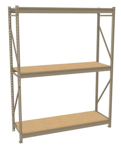 A metal storage shelf unit with two wooden shelves, set against a white background. The framework is gray, featuring vertical supports and cross-bracing for stability. The simple, industrial design is suitable for organizing items in a garage or workshop.