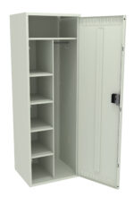 Metal storage cabinet with a right-side door open. Inside, there are five shelves on the left and an empty vertical space on the right with a rod for hanging items. The exterior is light gray with a black latch handle.