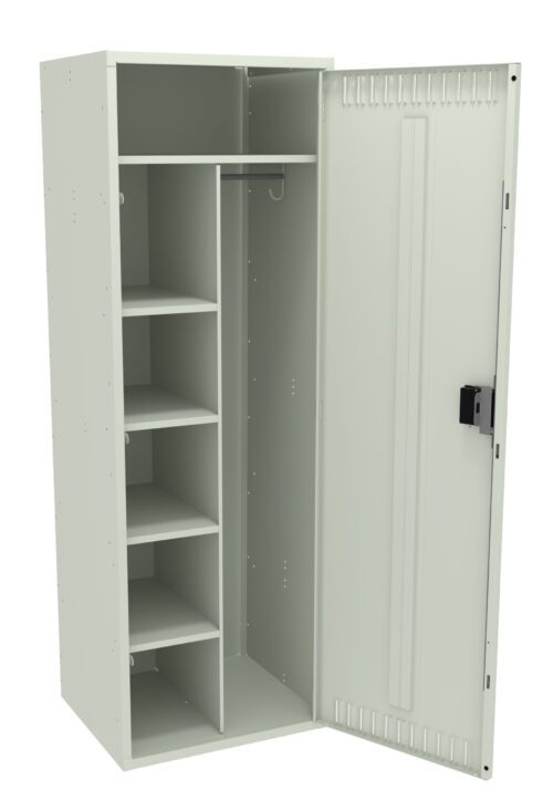 Metal storage cabinet with a right-side door open. Inside, there are five shelves on the left and an empty vertical space on the right with a rod for hanging items. The exterior is light gray with a black latch handle.