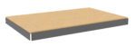 Rectangular shelf with a light brown wooden surface and gray metal edges, set against a white background.