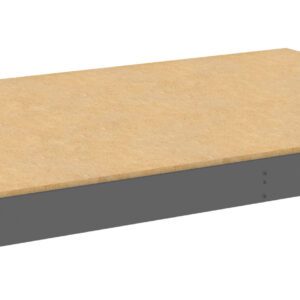 Rectangular shelf with a light brown wooden surface and gray metal edges, set against a white background.