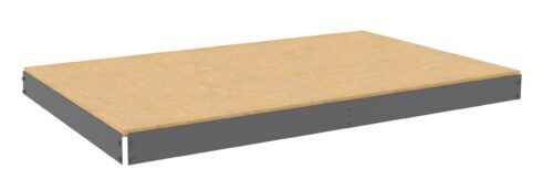 Rectangular shelf with a light brown wooden surface and gray metal edges, set against a white background.