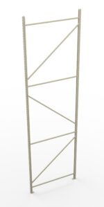 Metal warehouse shelving unit frame with vertical and diagonal support bars, standing upright on a white background. The structure is beige and has evenly spaced holes along its length for adjustable shelving.