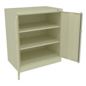 A beige metal storage cabinet with one door open, revealing three shelves inside. The cabinet has a solid, utilitarian design and empty shelves.
